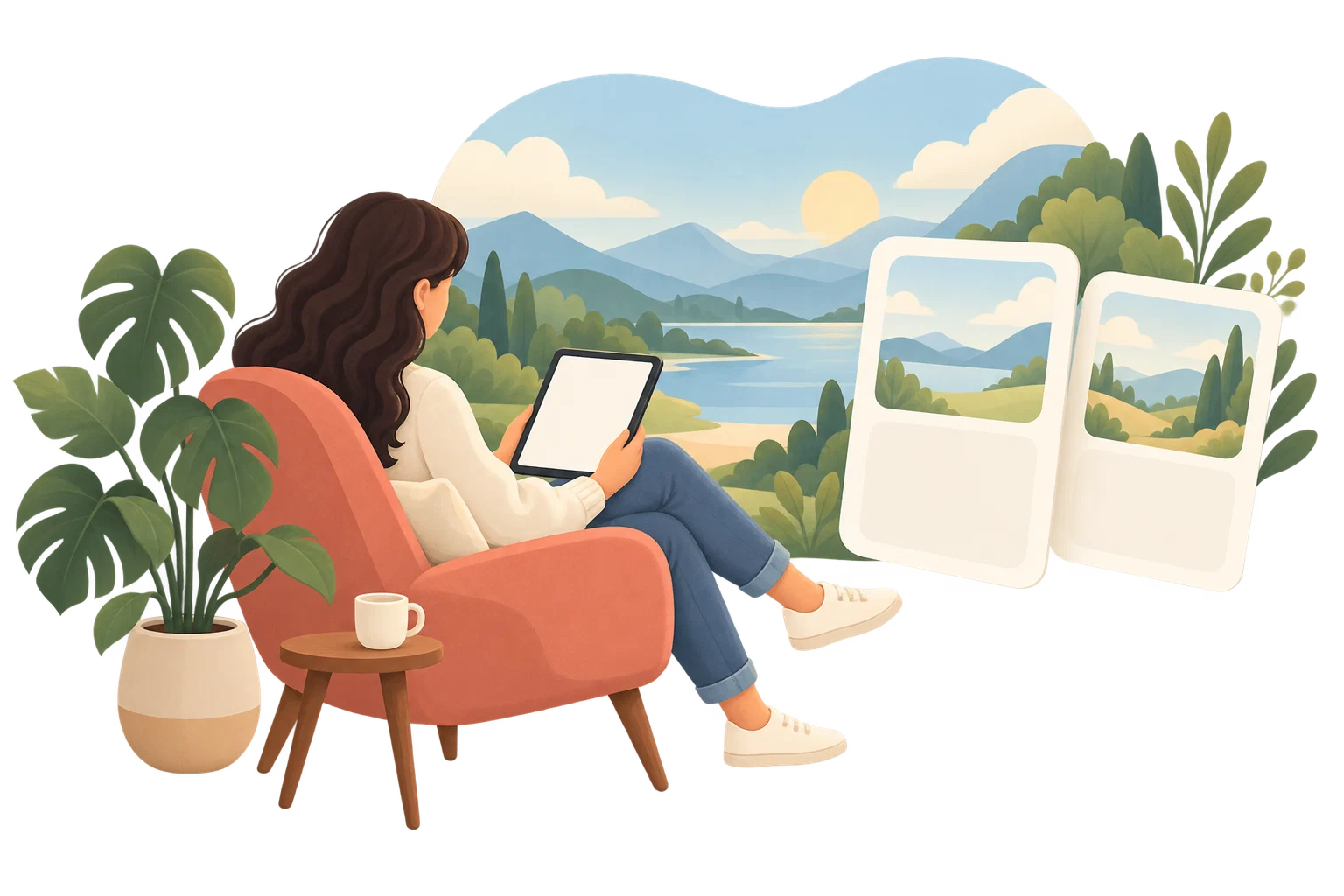 A reader relaxing with a tablet beside story cards and a landscape